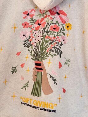 Dandy Worldwide Gift Giving Heather Gray Embroidered Floral Lux Hoodie M